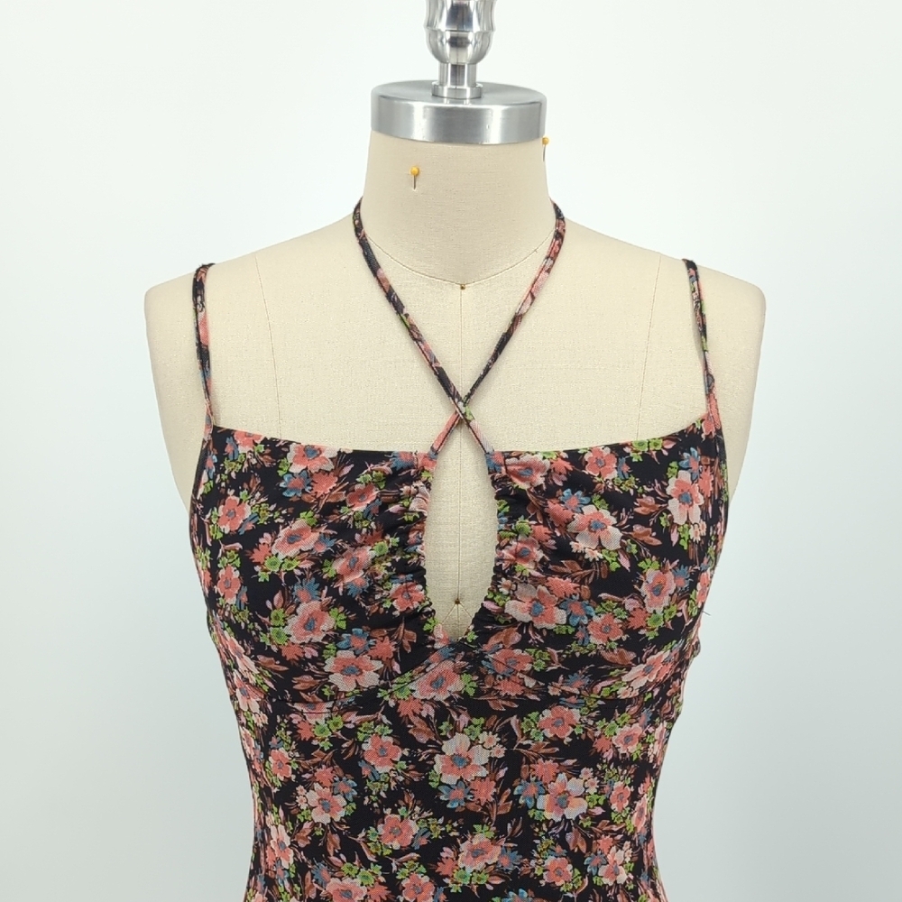 00065 Forever 21 Floral Mesh Midi Dress Black Pink Size Medium bohemian sexy - Picture 3 of 7